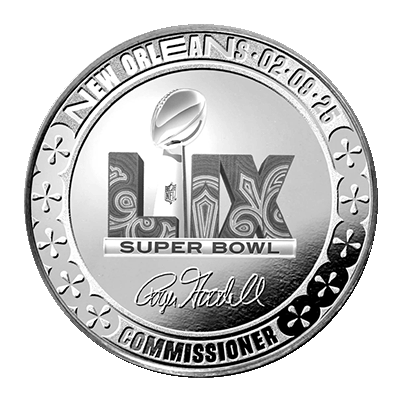 A picture of a 1 oz Super Bowl Silver Flip Coin (2025)